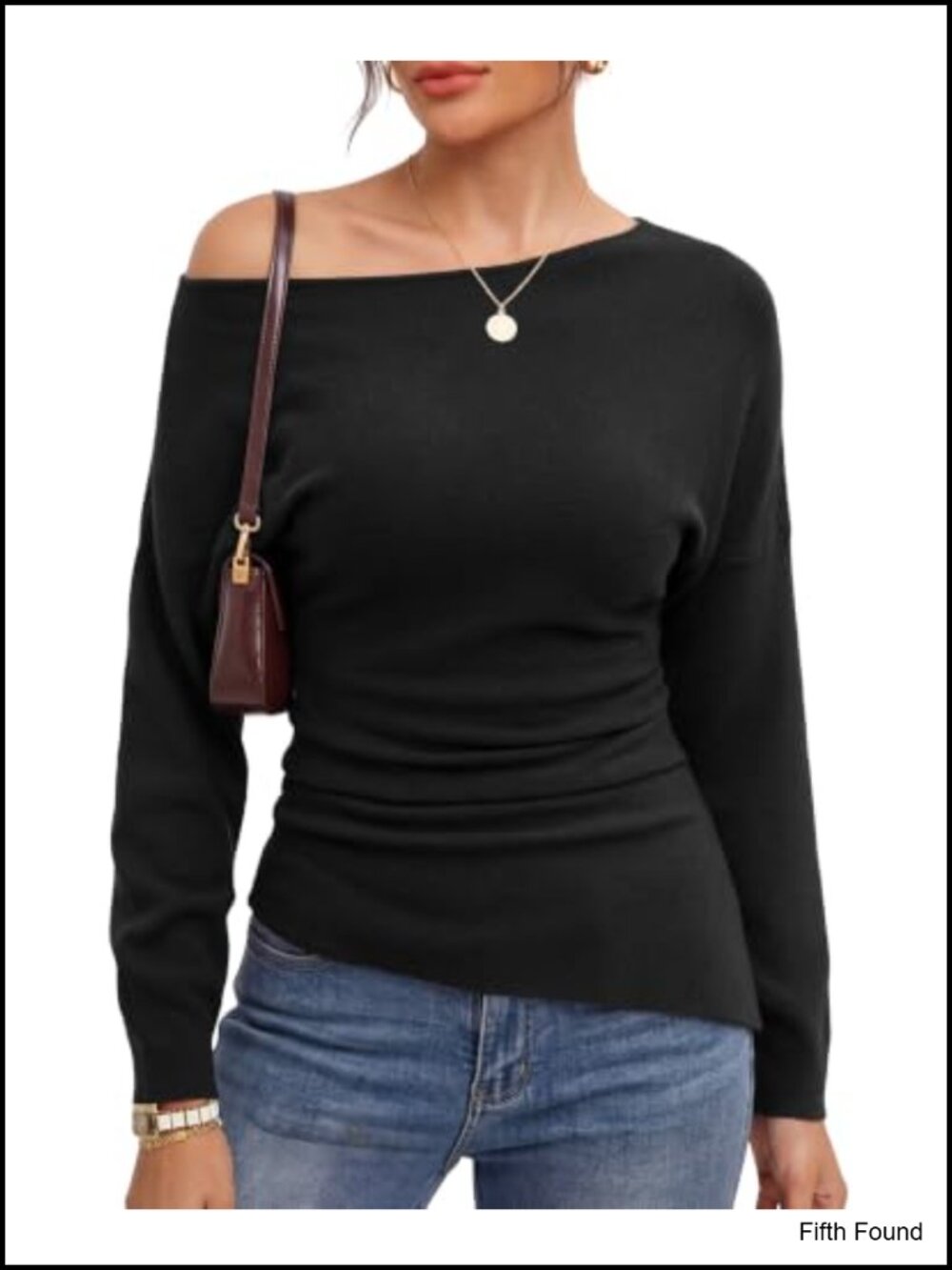 Off Shoulder Long Sleeve Sweater Cinched Waist Soft Stretch Knit Pullover